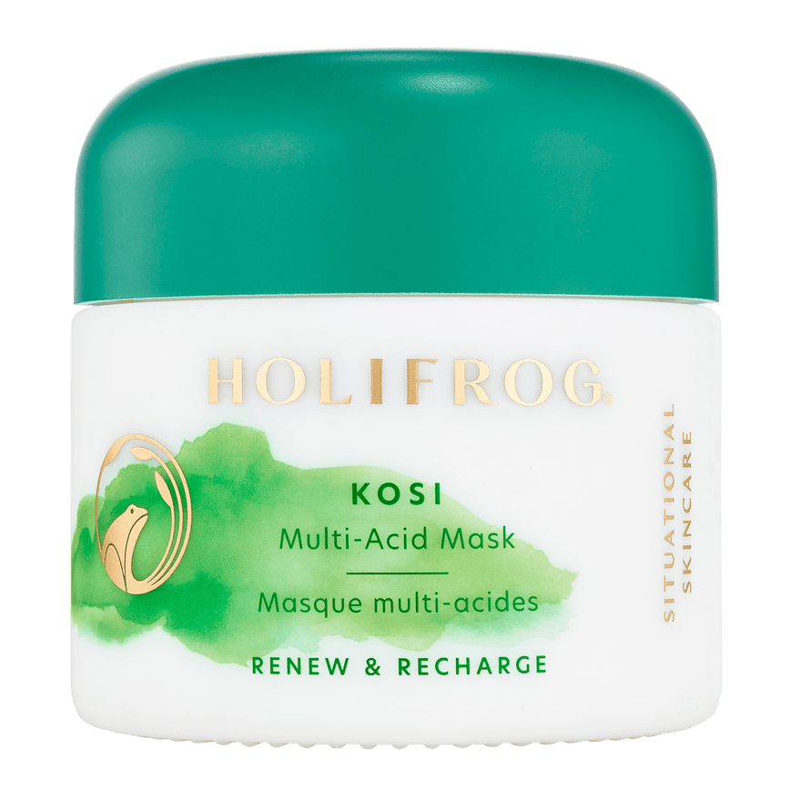 Holifrog Kosi Multi-Acid Mask jar on a green background