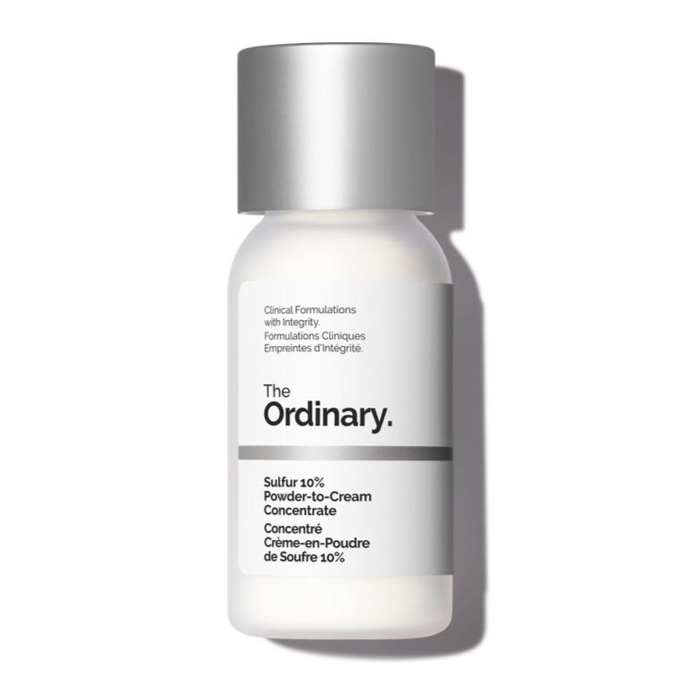 Skincare bottle labeled 'The Ordinary' Sulfur Acne Treatment on a white background