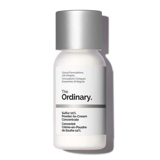Skincare bottle labeled 'The Ordinary' Sulfur Acne Treatment on a white background